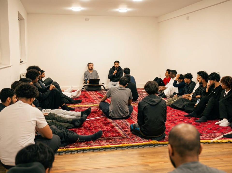 A full room of young people sitting together during a GroundRoots session at the Suhbah Centre